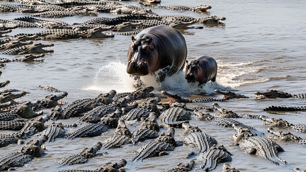 The Baby Hippo Is Caught! Dozens of Crocodiles Attack at Once!