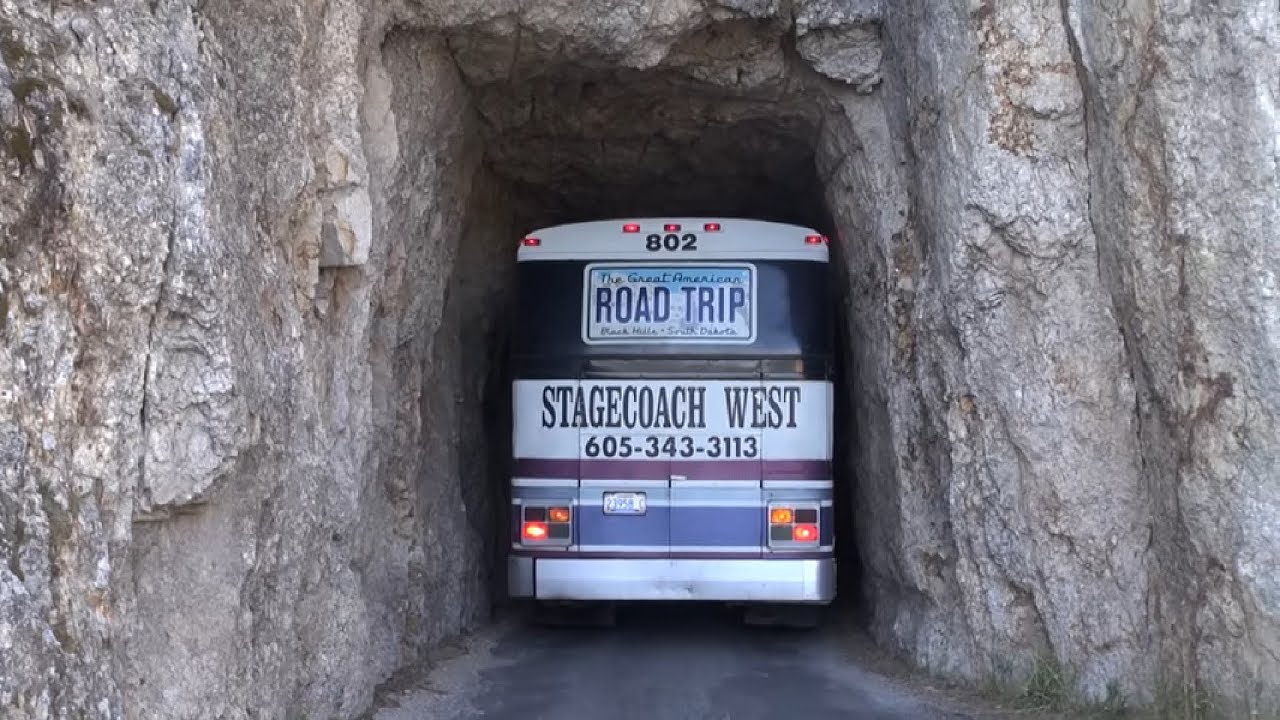 Bus drives through the tunnel on the Needles Highway